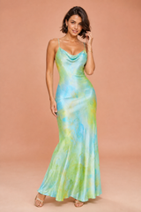 Pastel Print Cowl-Neck Spaghetti-Strap Maxi Dress