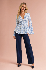 Floral V-Neck Tie-Front Bell-Sleeve Blouse
