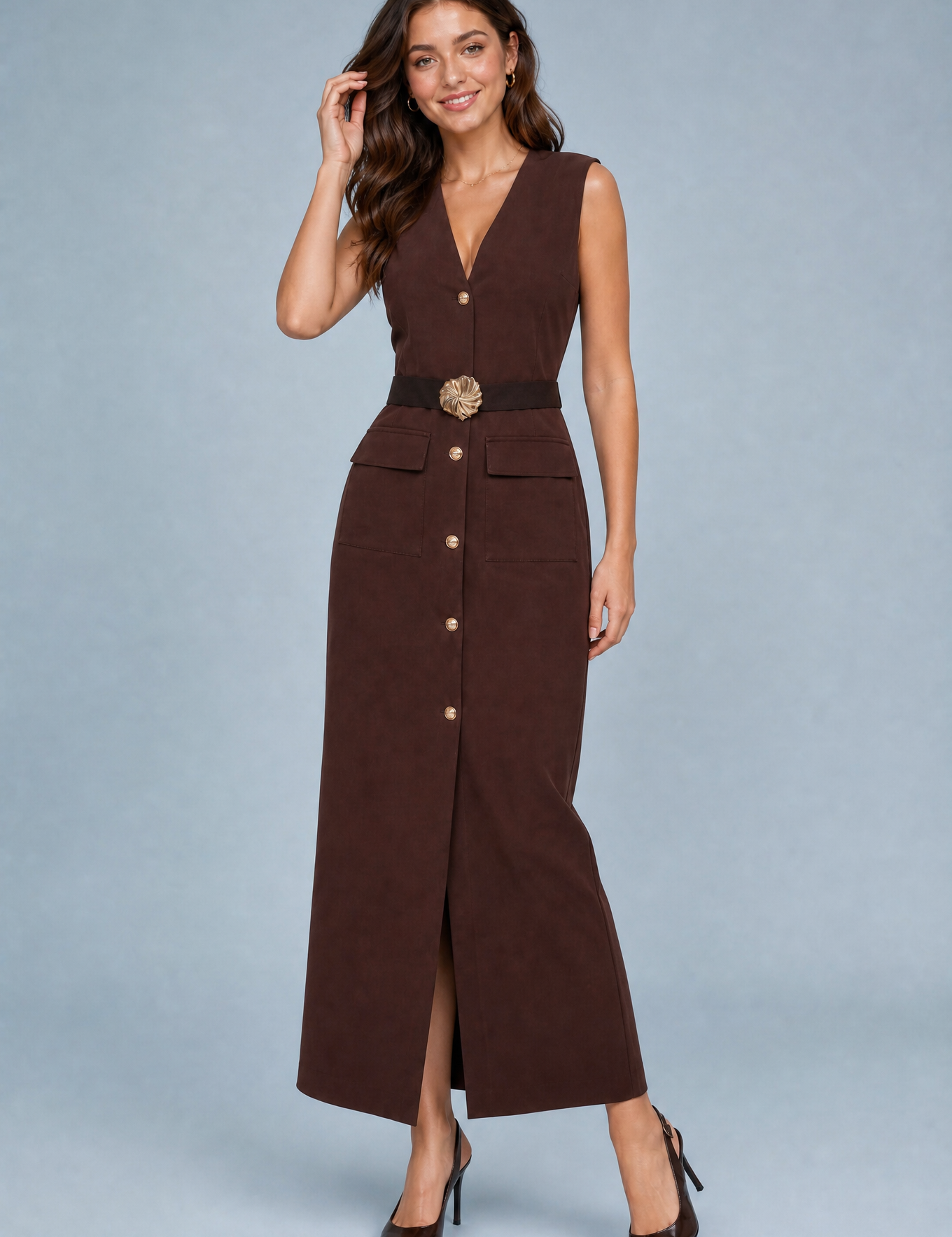 Robe longue col V ceinturée | Variante Marron | Lounelle Paris