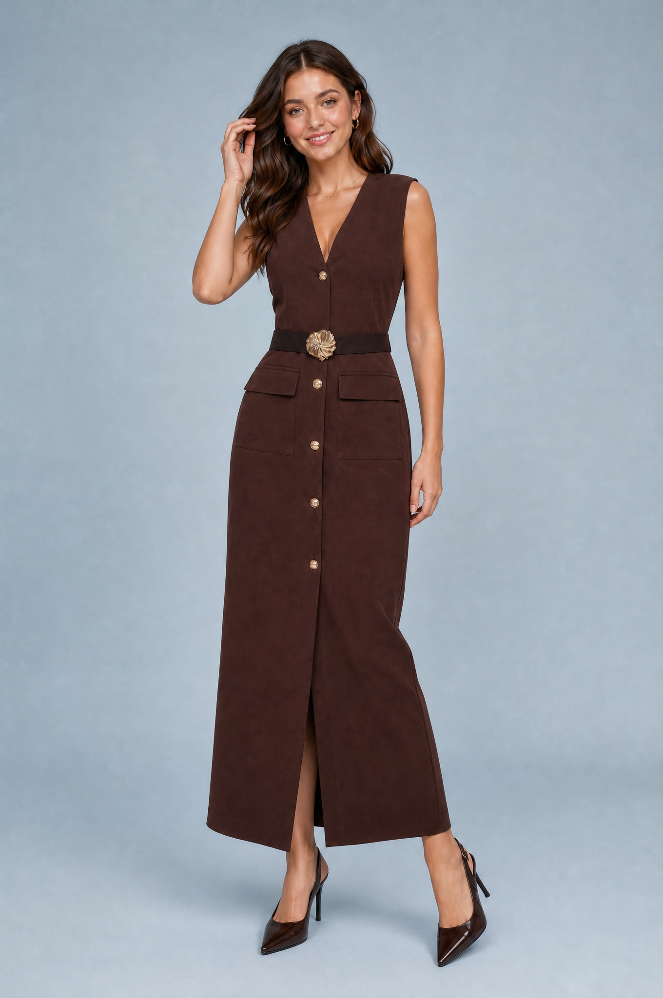 Robe longue col V ceinturée | Variante Marron | Lounelle Paris