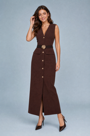 Robe longue col V ceinturée | Variante Marron | Lounelle Paris