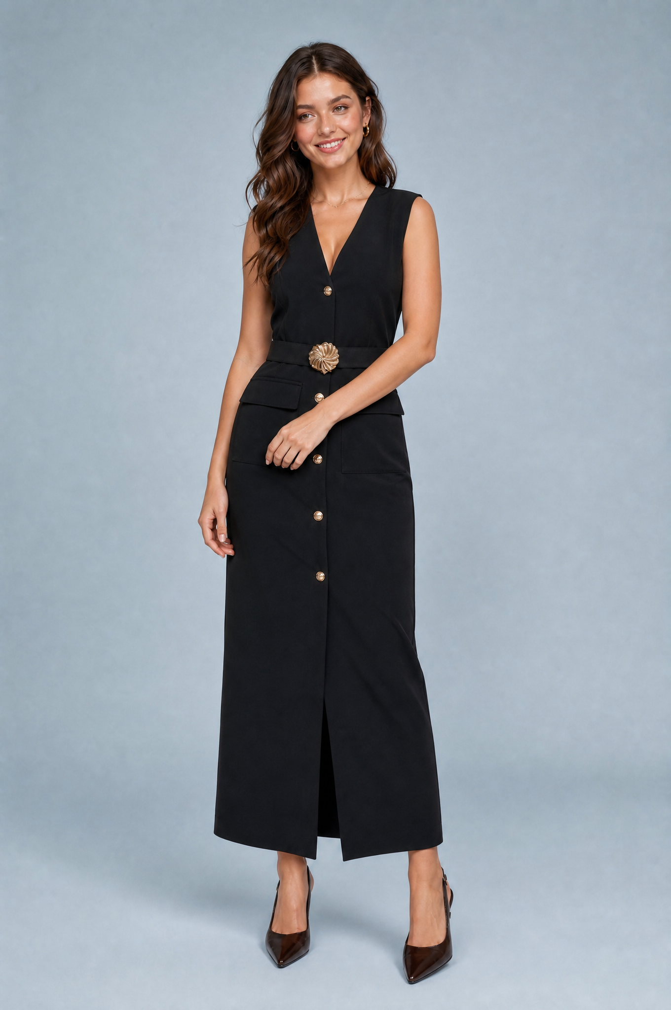 Robe longue col V ceinturée | Variante Noir | Lounelle Paris