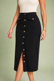 Jupe noire boutonnée taille haute | Vue rapprochée | Lounelle Paris