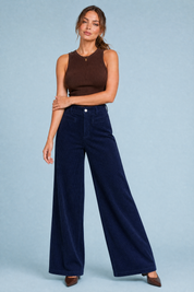 Pantalon large velours côtelé taille haute | Variante Bleu | Lounelle Paris