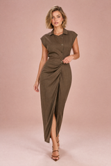 Brown Belted Shirt Maxi Dress