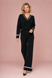 Ensemble pantalon noir bordures contrastées | Vue en mouvement | Lounelle Paris