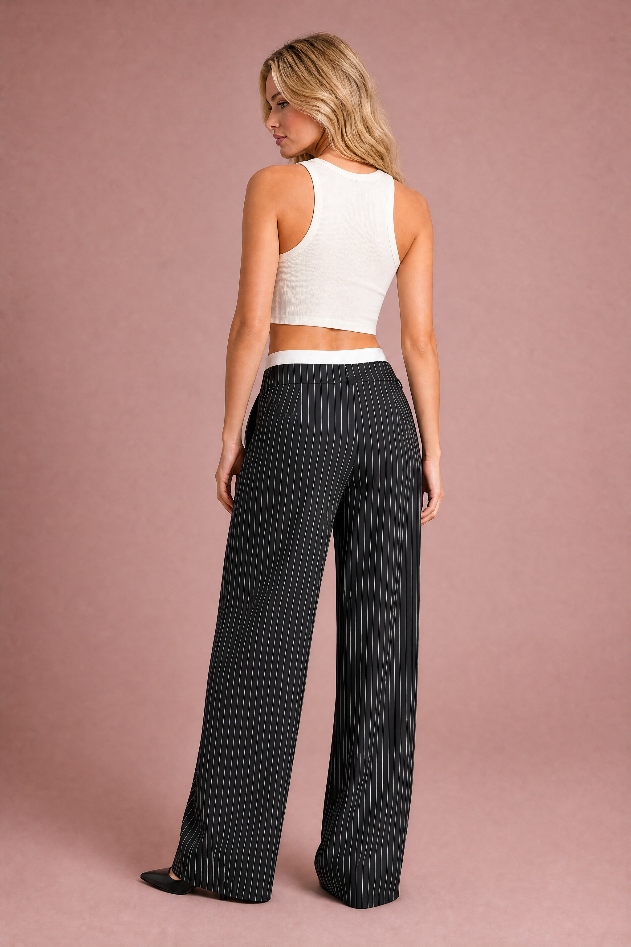 Pantalon large rayé taille haute | Vue de dos | Lounelle Paris
