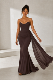 Brown Ruched Sweetheart Strapless Maxi Dress