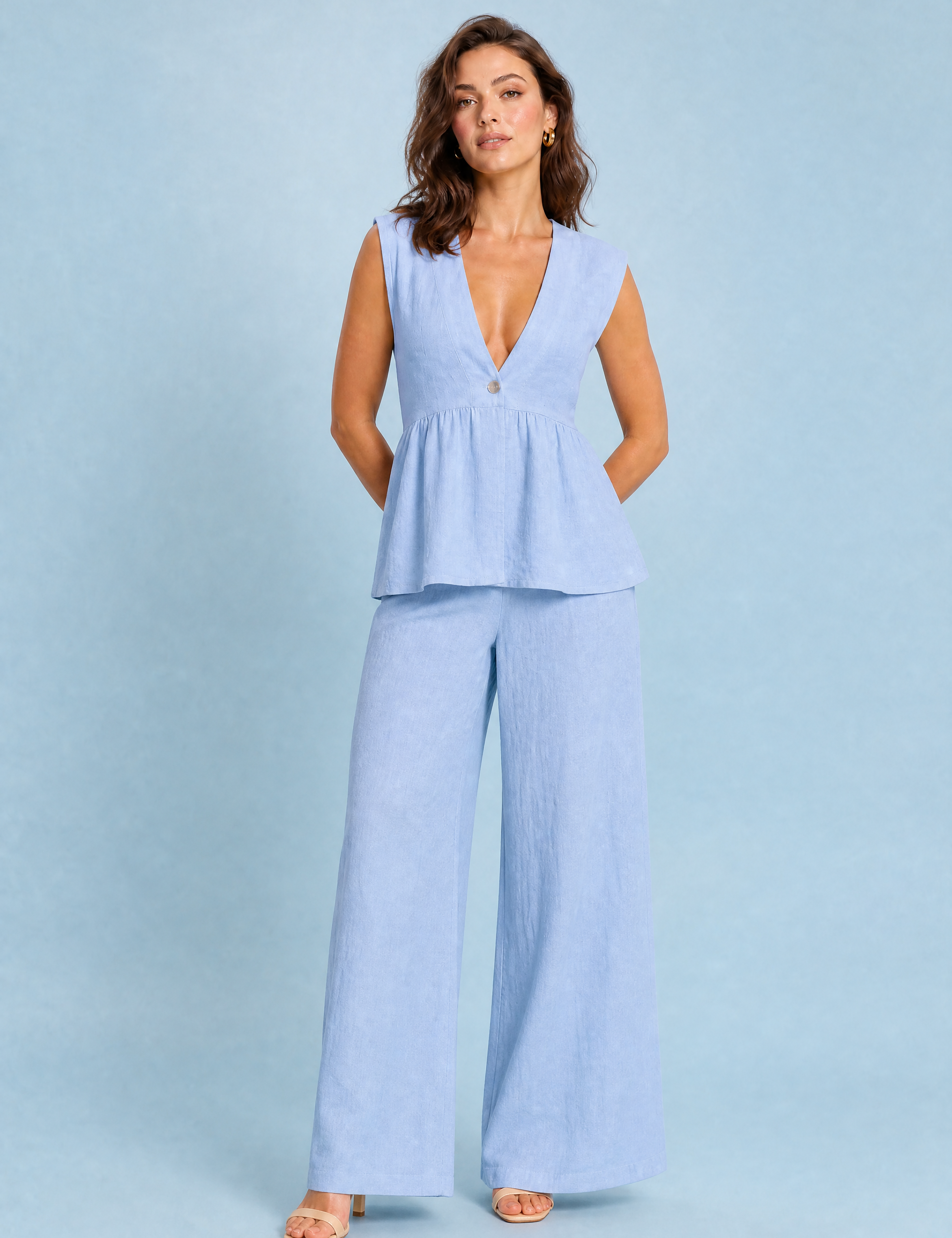 Ensemble pantalon jaune col V | Variante Bleu | Lounelle Paris