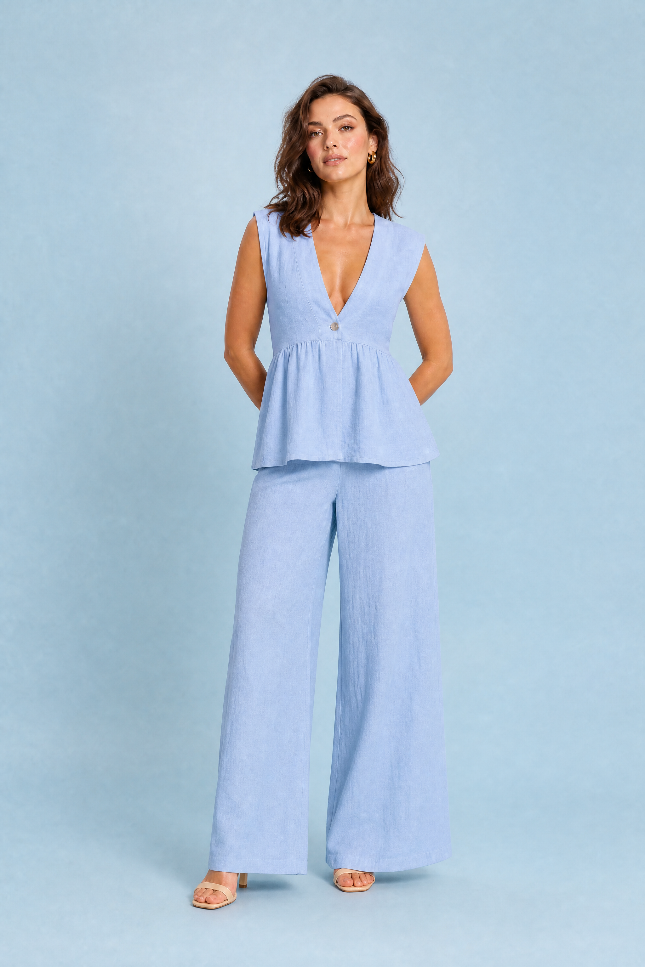 Ensemble pantalon jaune col V | Variante Bleu | Lounelle Paris