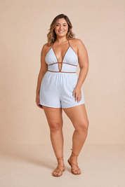 Combishort bleu rayé dos nu | Porté sur une silhouette plus ronde | Lounelle Paris