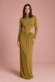 Robe longue olive col montant | Porté sur une autre silhouette | Lounelle Paris