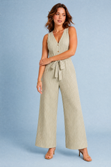 Ivory Striped Tie-Waist Wide-Leg Jumpsuit