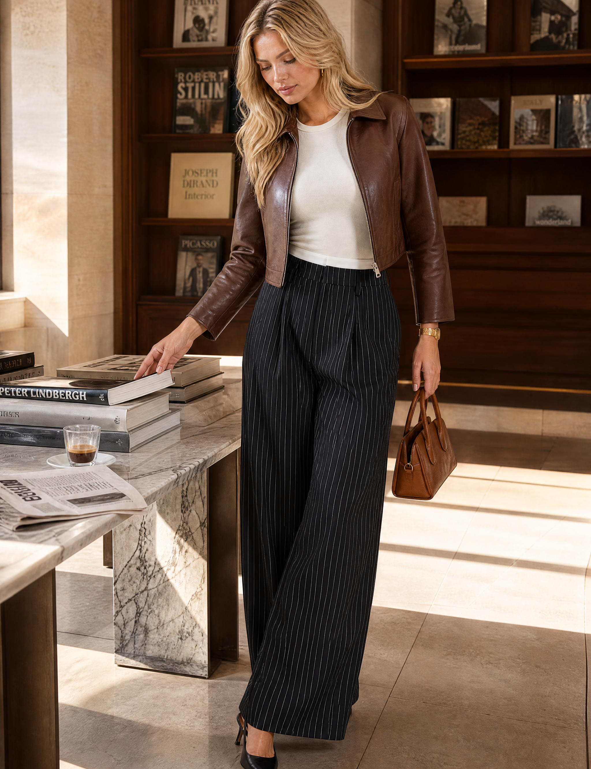 Pantalon large rayé taille haute | Photo lifestyle | Lounelle Paris