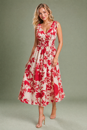 Robe midi rouge fleurie dos nu | Vue en mouvement | Lounelle Paris