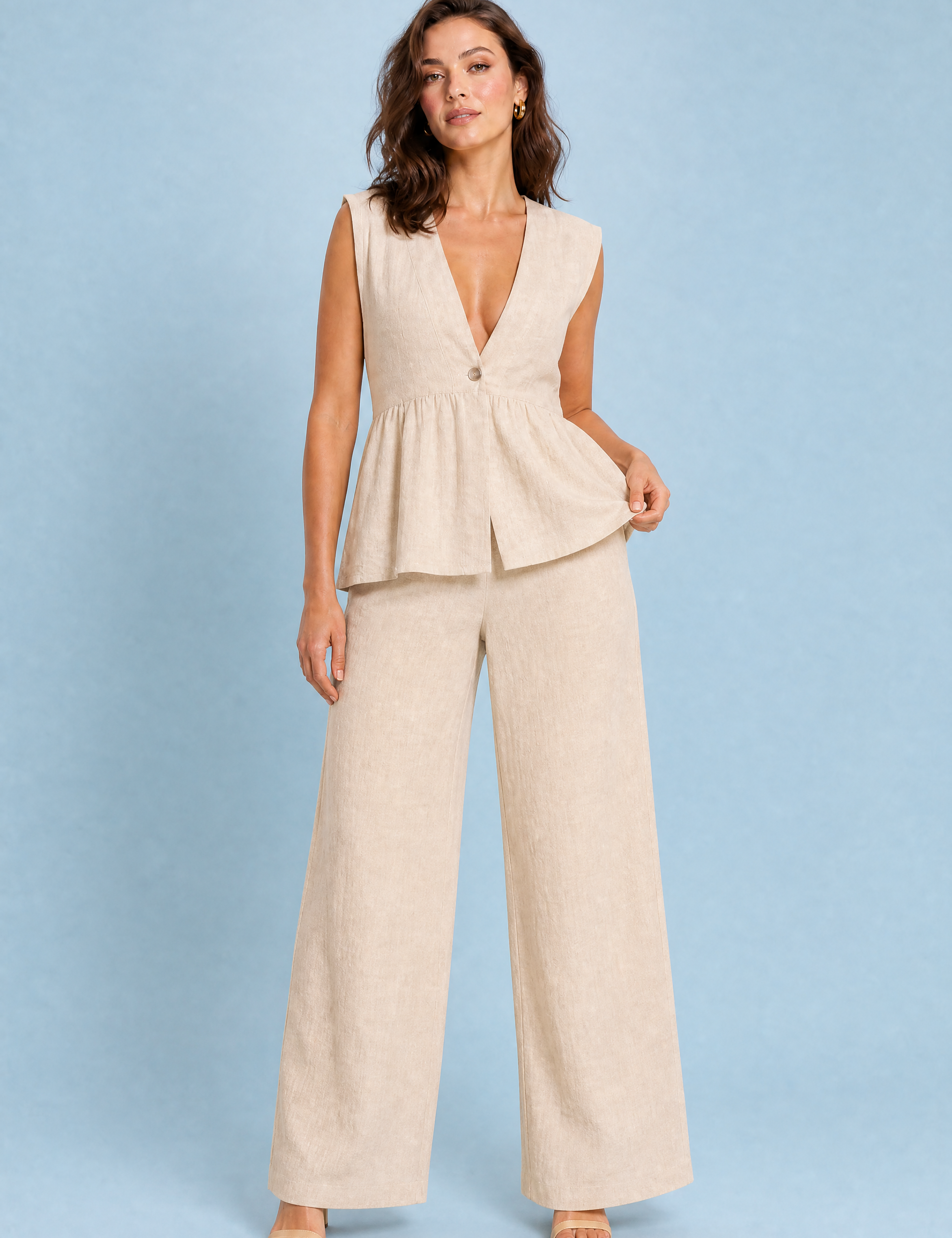 Ensemble pantalon jaune col V | Variante Beige | Lounelle Paris