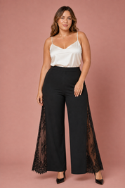 Black Lace-Trim Wide-Leg Pants