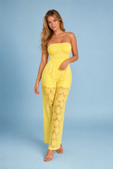 Yellow Sheer Lace Strapless Jumpsuit