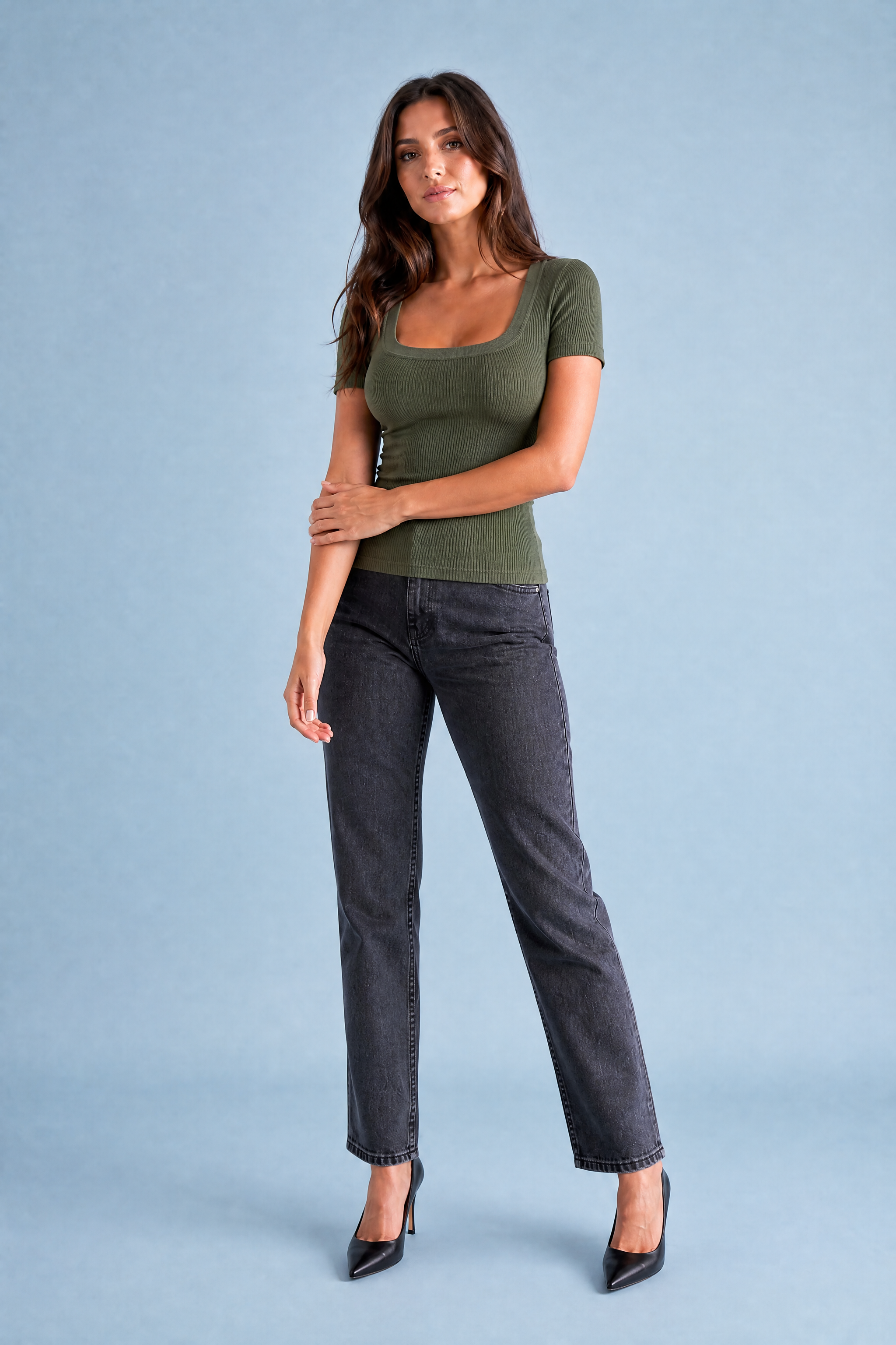 Top col carré maille côtelée | Variante Vert | Lounelle Paris