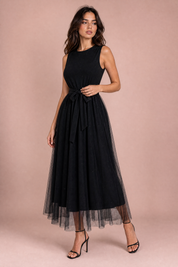 Robe longue noire tulle taille nouée | Vue de face | Lounelle Paris