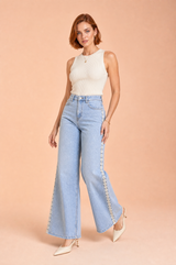 Light Blue Wide-Leg Jeans with Crochet Trim