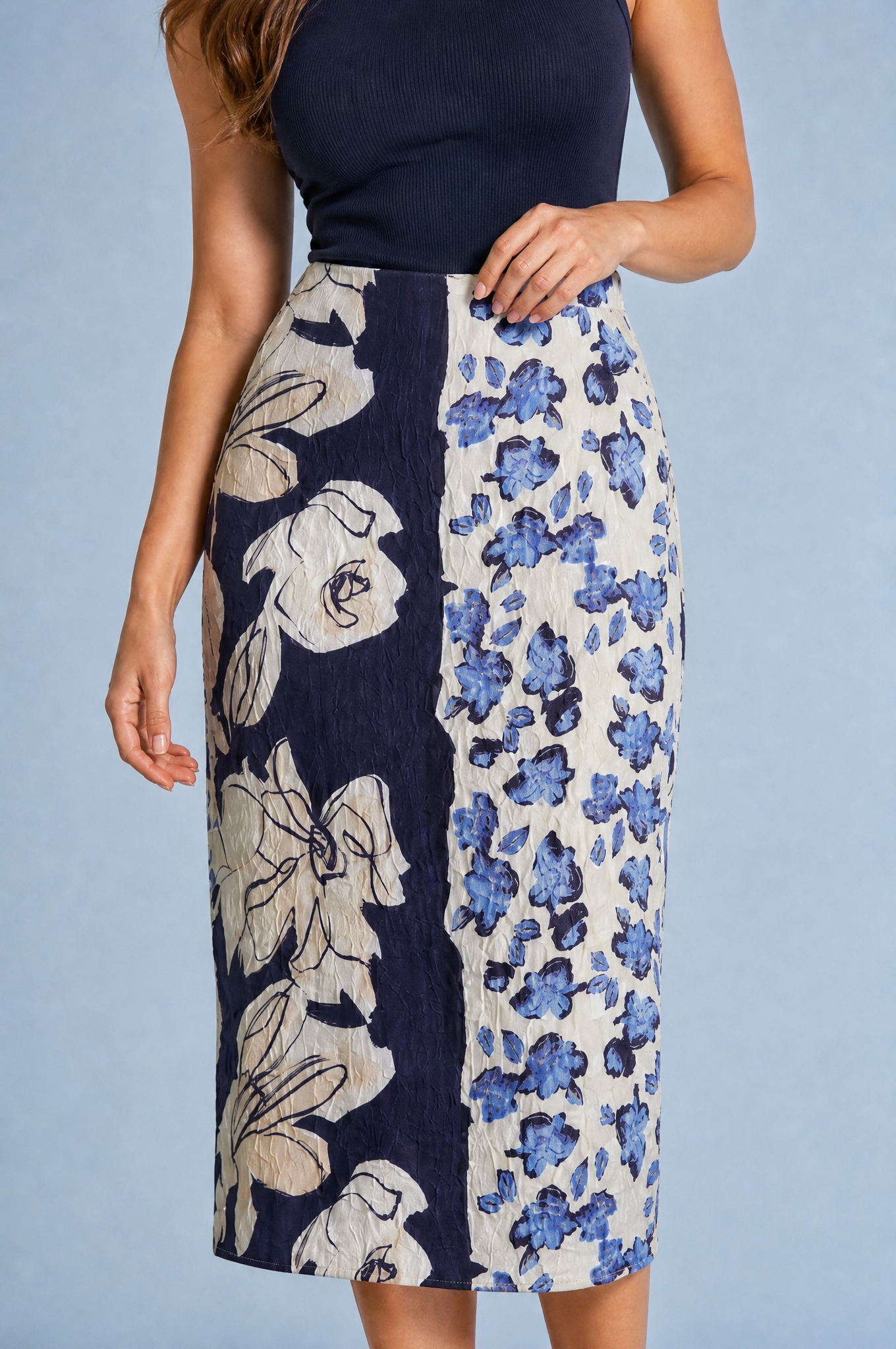Jupe midi imprimée taille haute | Vue rapprochée | Lounelle Paris