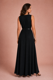 Robe noire col V ceinturée | Vue de dos | Lounelle Paris