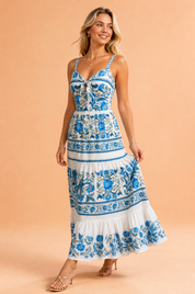 Robe longue bleue à bretelles | Vue de face | Lounelle Paris