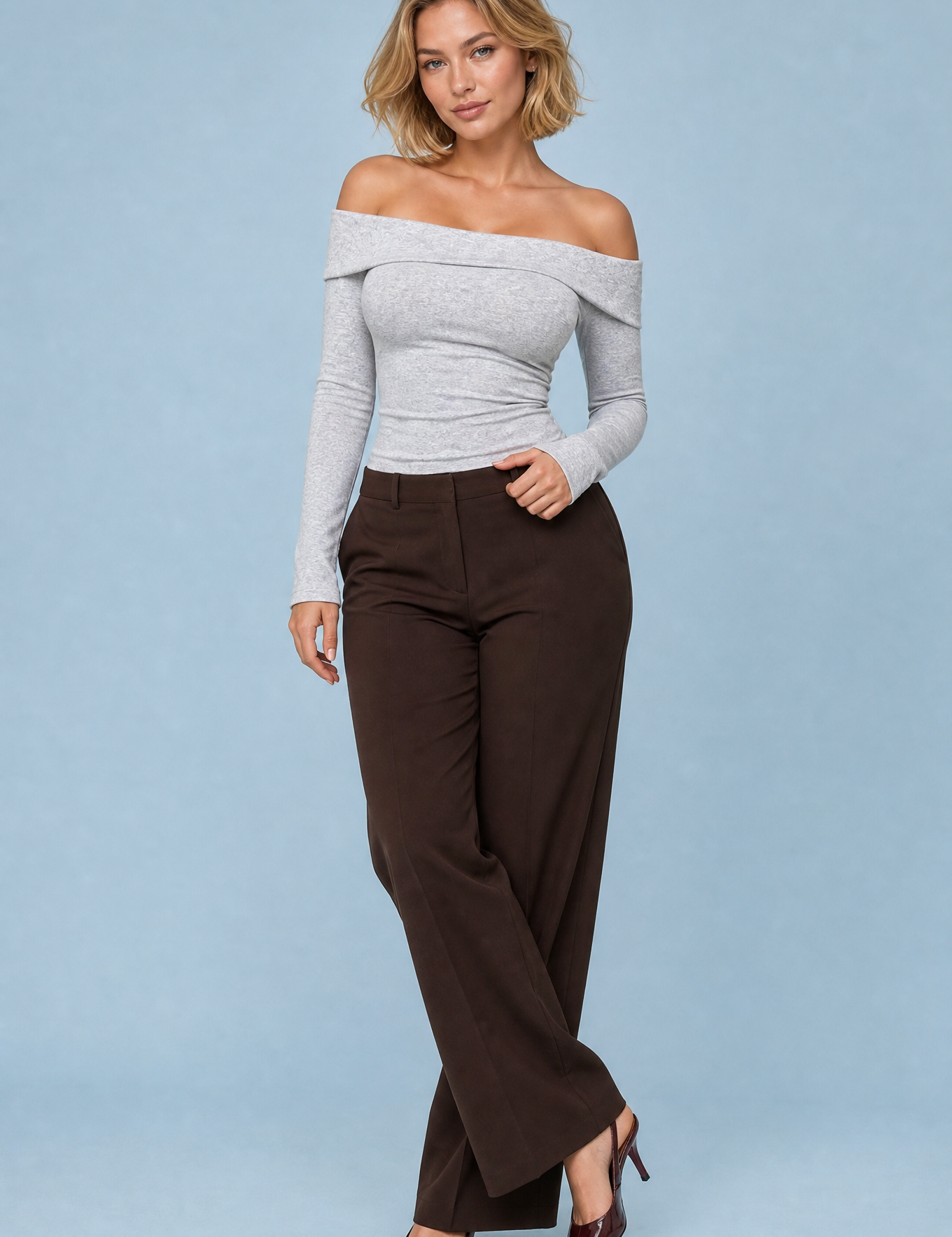 Top gris clair épaules dénudées manches longues | Vue de face | Lounelle Paris