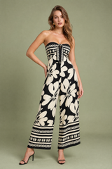 Black Floral Backless Bandeau Wide-Leg Jumpsuit