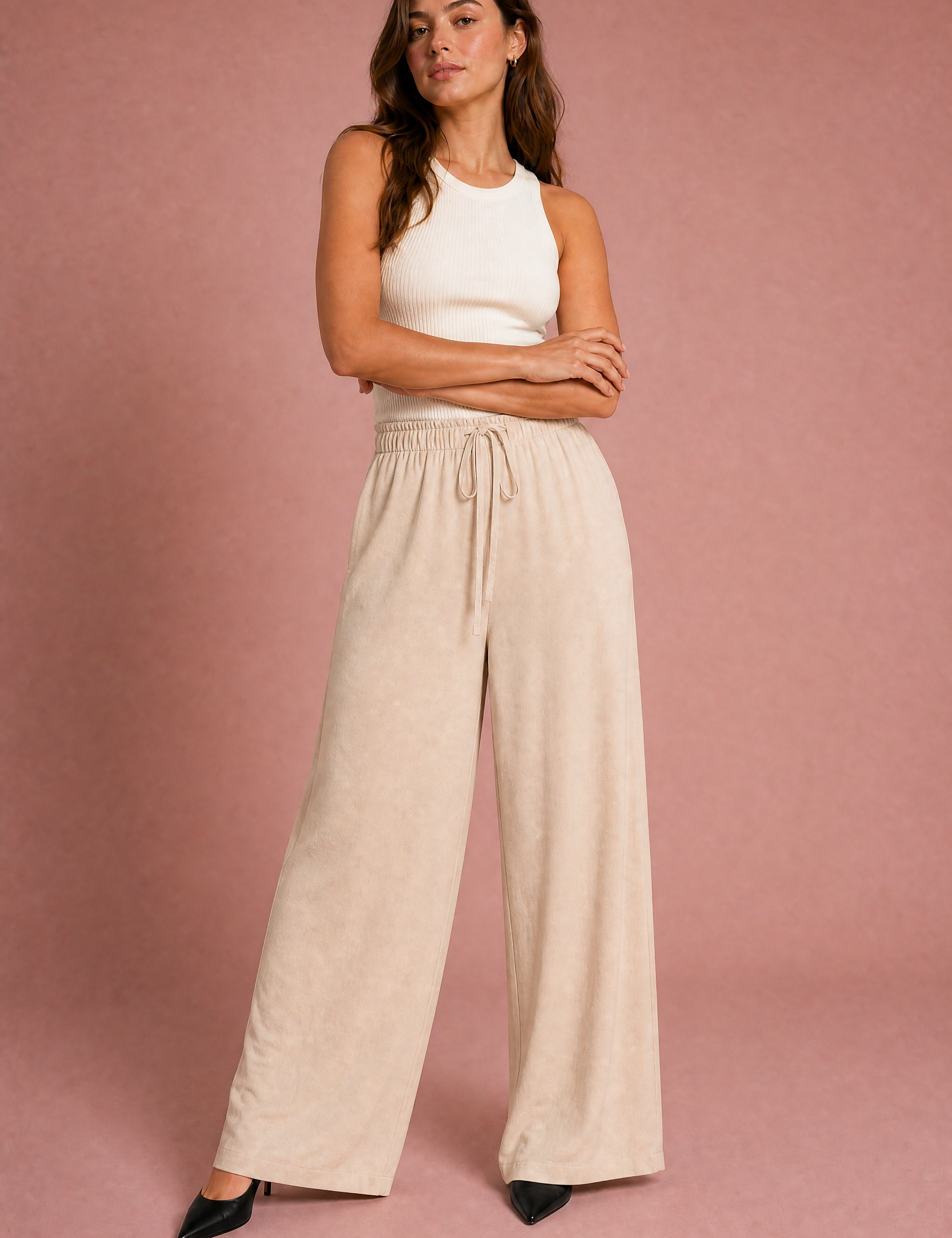 Pantalon fluide large taille cordon | Variante Beige | Lounelle Paris