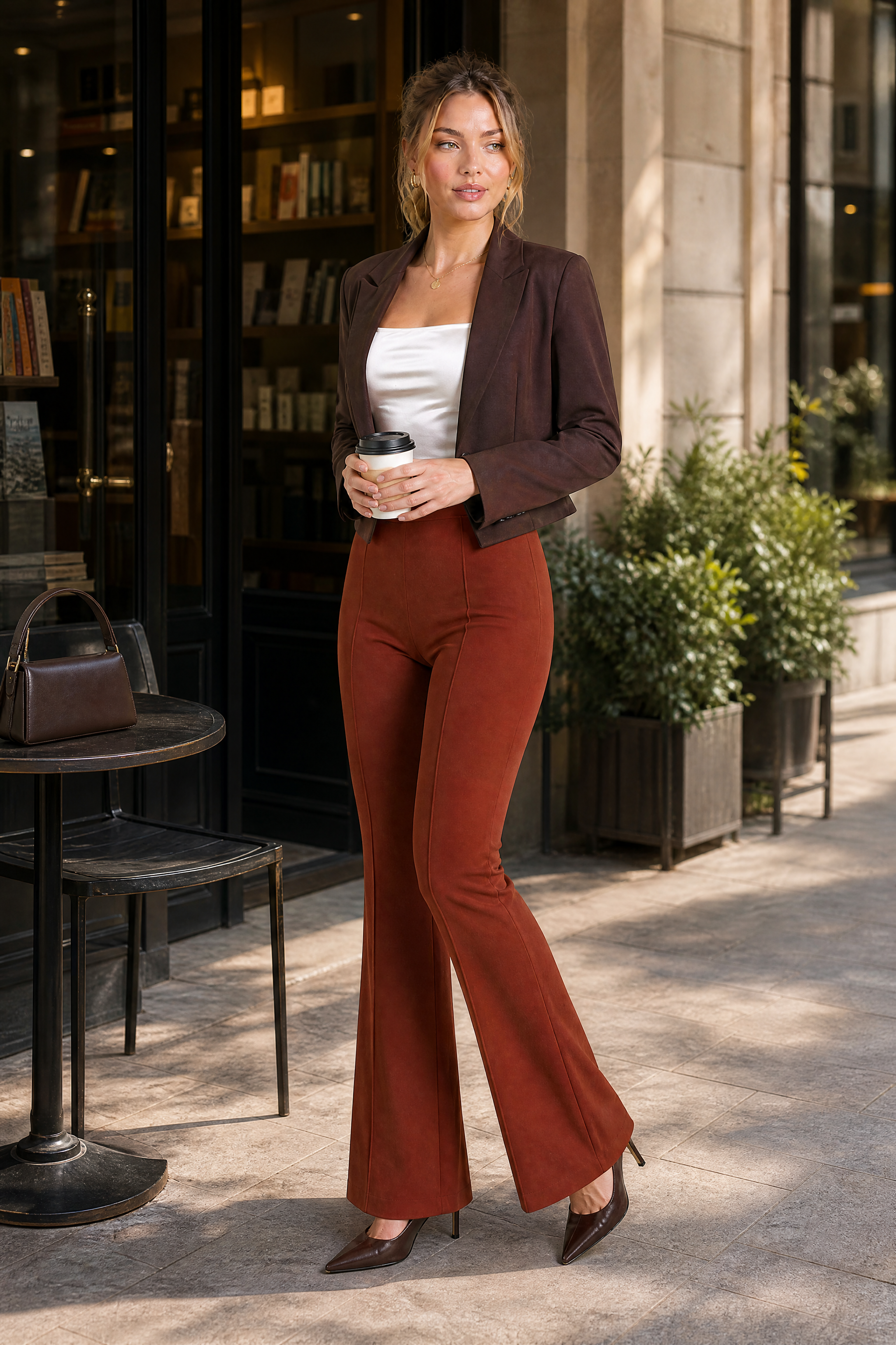 Pantalon taille haute micro-évasé | Variante Marron - Lifestyle | Lounelle Paris
