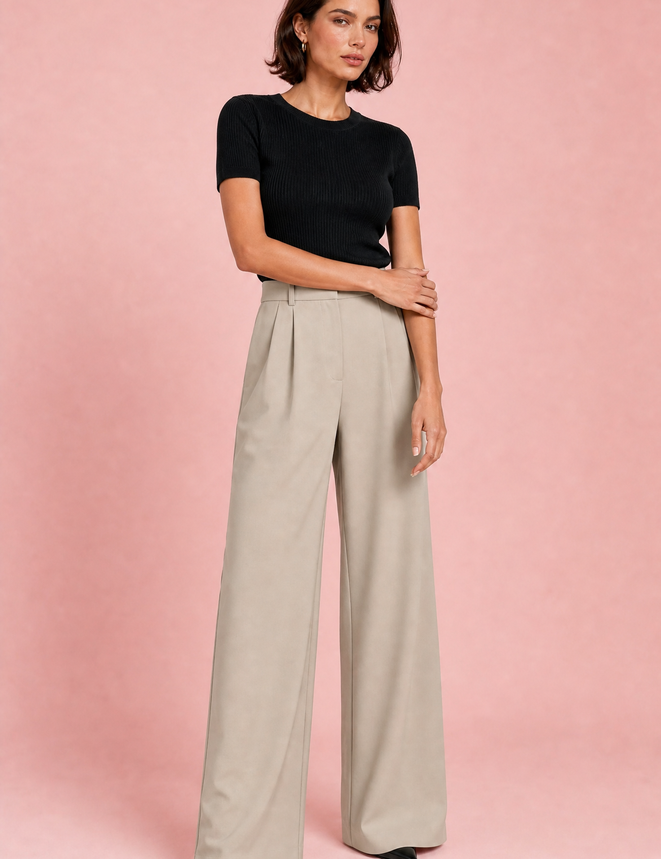 Pantalon taille haute jambes larges | Variante Beige | Lounelle Paris