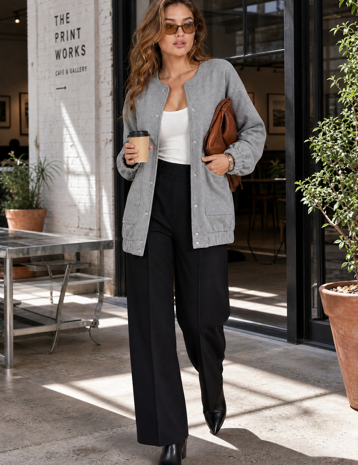 Veste grise mi-longue ample | Photo lifestyle | Lounelle Paris
