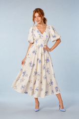 Ecru Printed V-Neck Maxi Dress