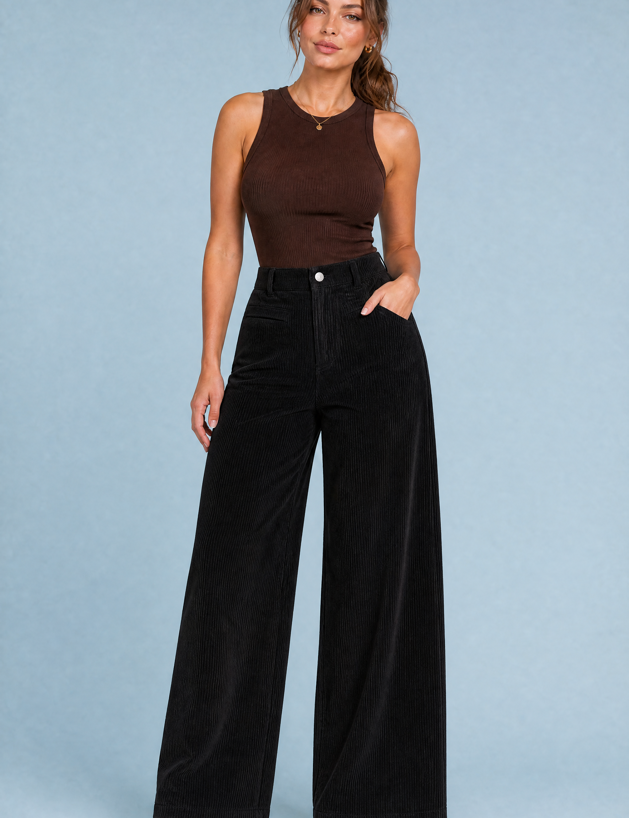 Pantalon large velours côtelé taille haute | Variante Noir | Lounelle Paris