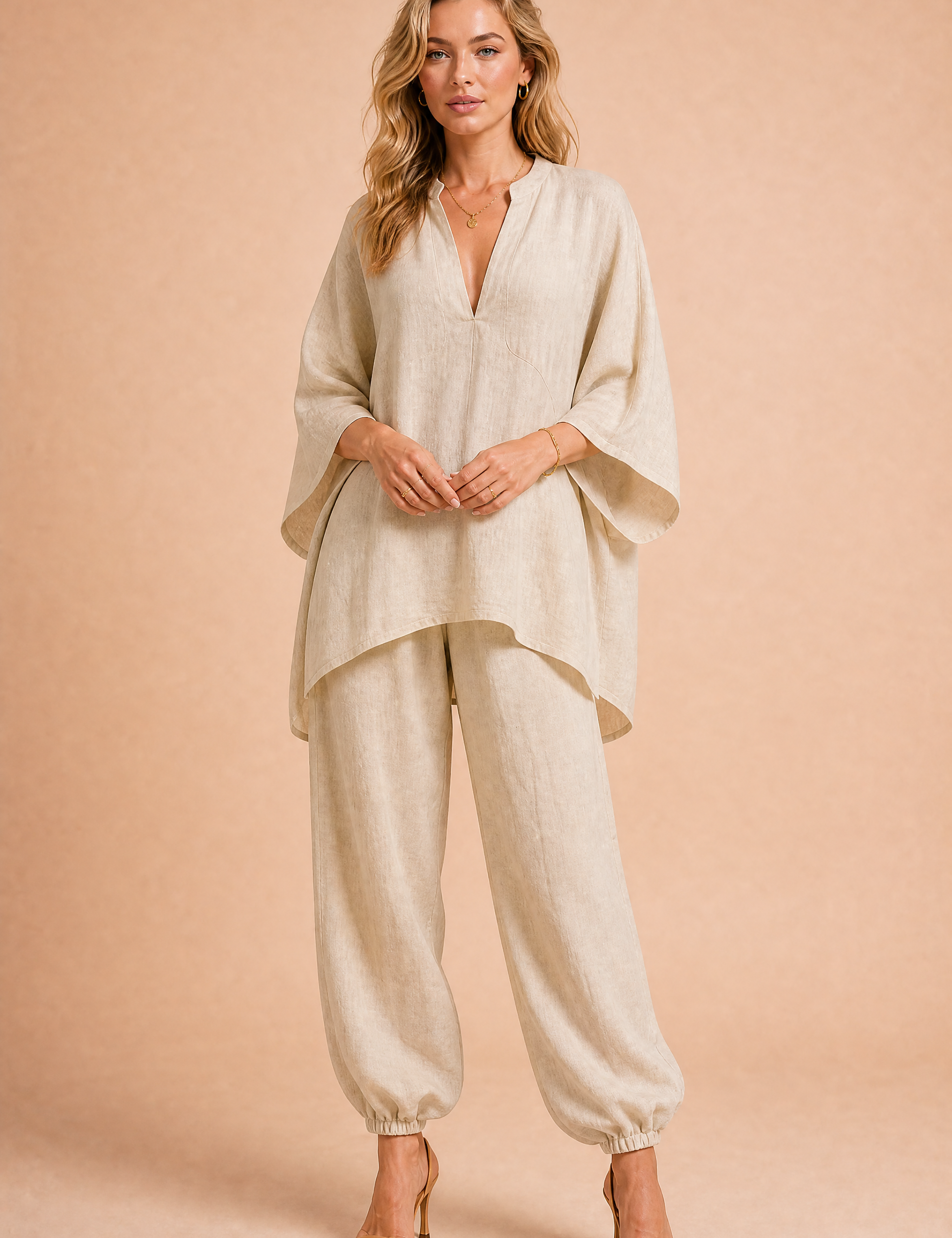 Ensemble fluide col V | Variante Beige | Lounelle Paris