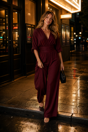 Combinaison col V taille haute | Variante Bordeaux - Lifestyle | Lounelle Paris