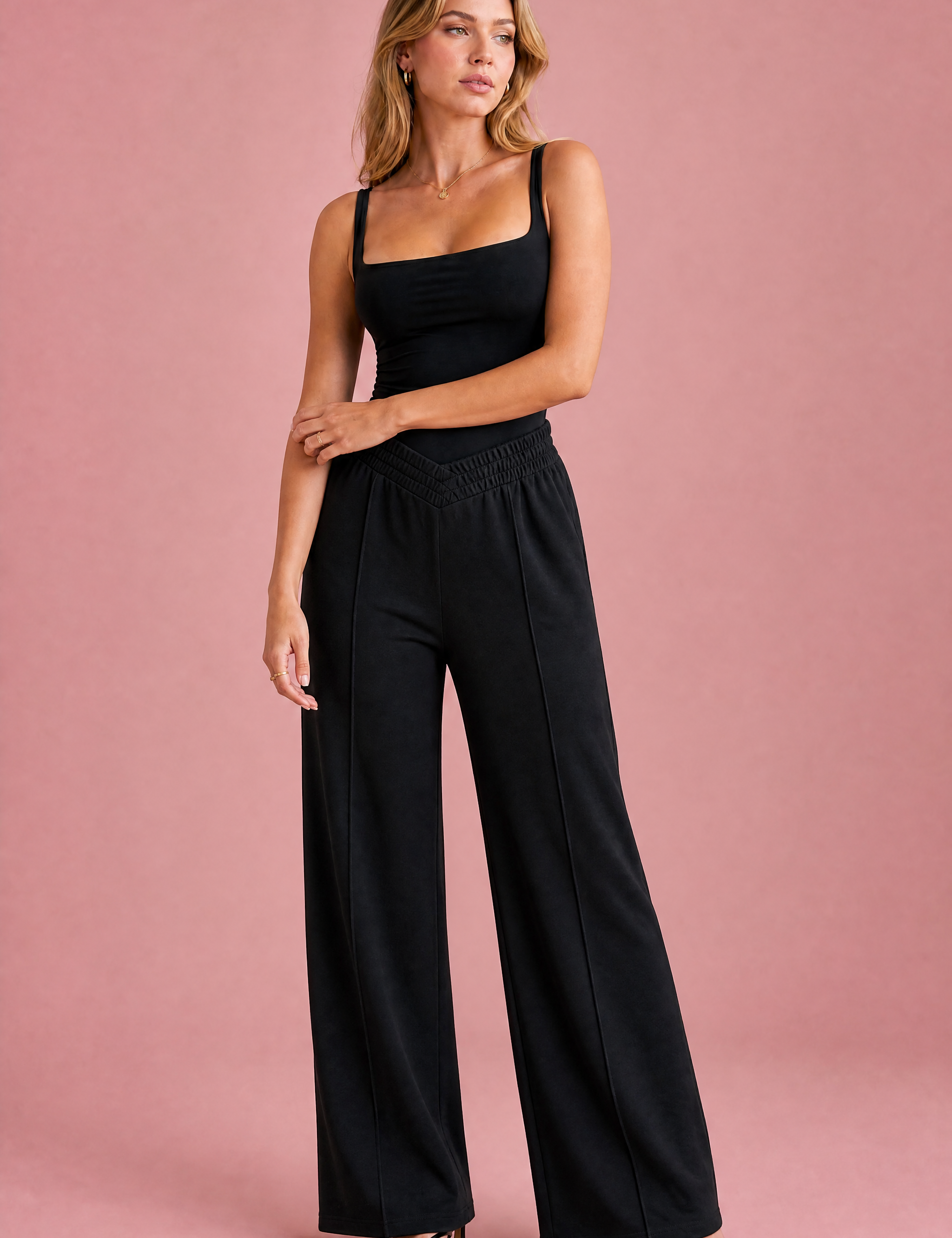 Pantalon large taille élastique en V | Variante Noir | Lounelle Paris