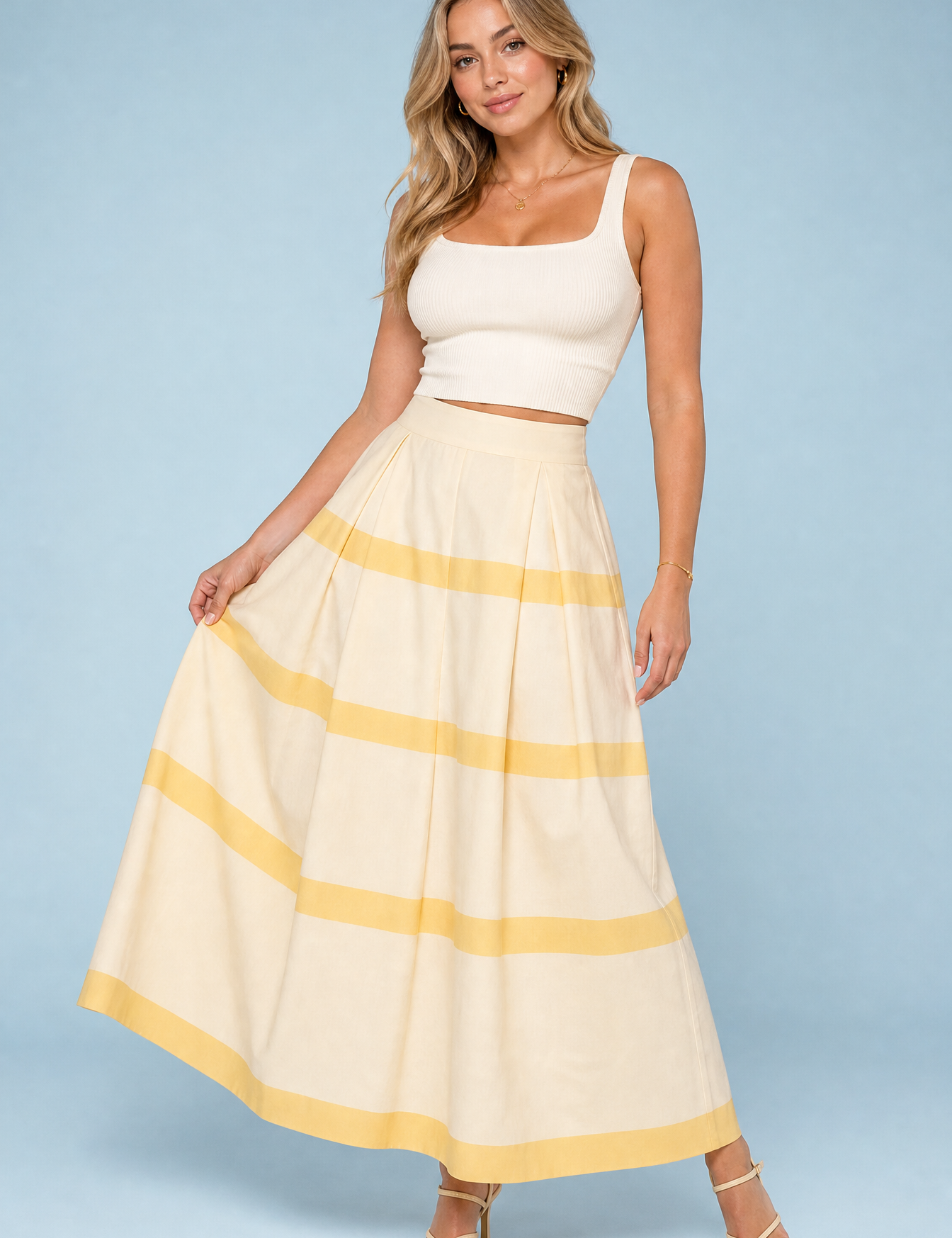 Jupe longue jaune rayée taille haute | Vue de face | Lounelle Paris