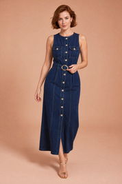 Robe longue bleu foncé sans manches | Vue de face | Lounelle Paris