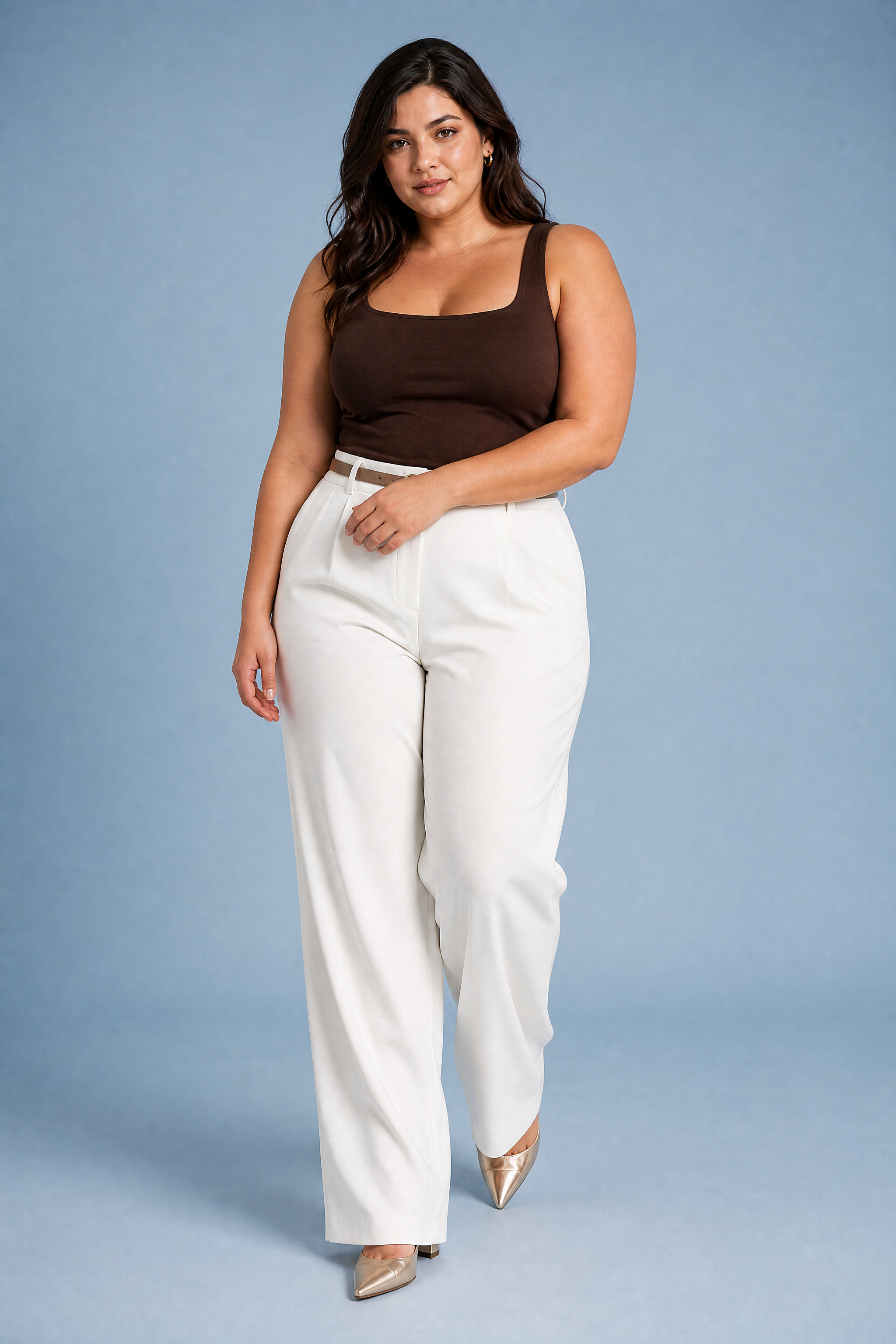 Pantalon fluide taille haute jambe large | Porté sur une silhouette plus ronde | Lounelle Paris