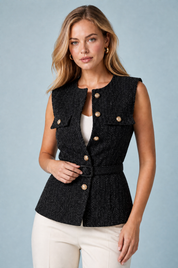 Gilet sans manches tweed ceinturé | Vue rapprochée | Lounelle Paris