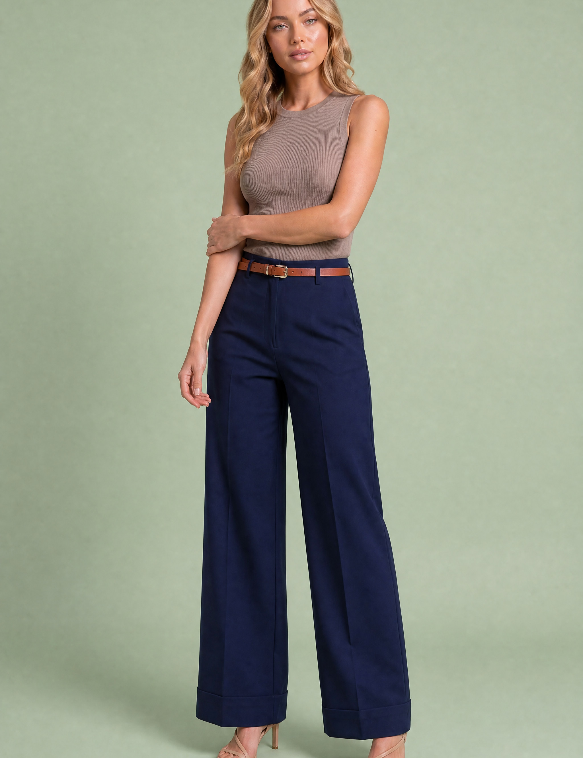 Pantalon large ceinturé taille mi-haute | Variante Bleu marine | Lounelle Paris