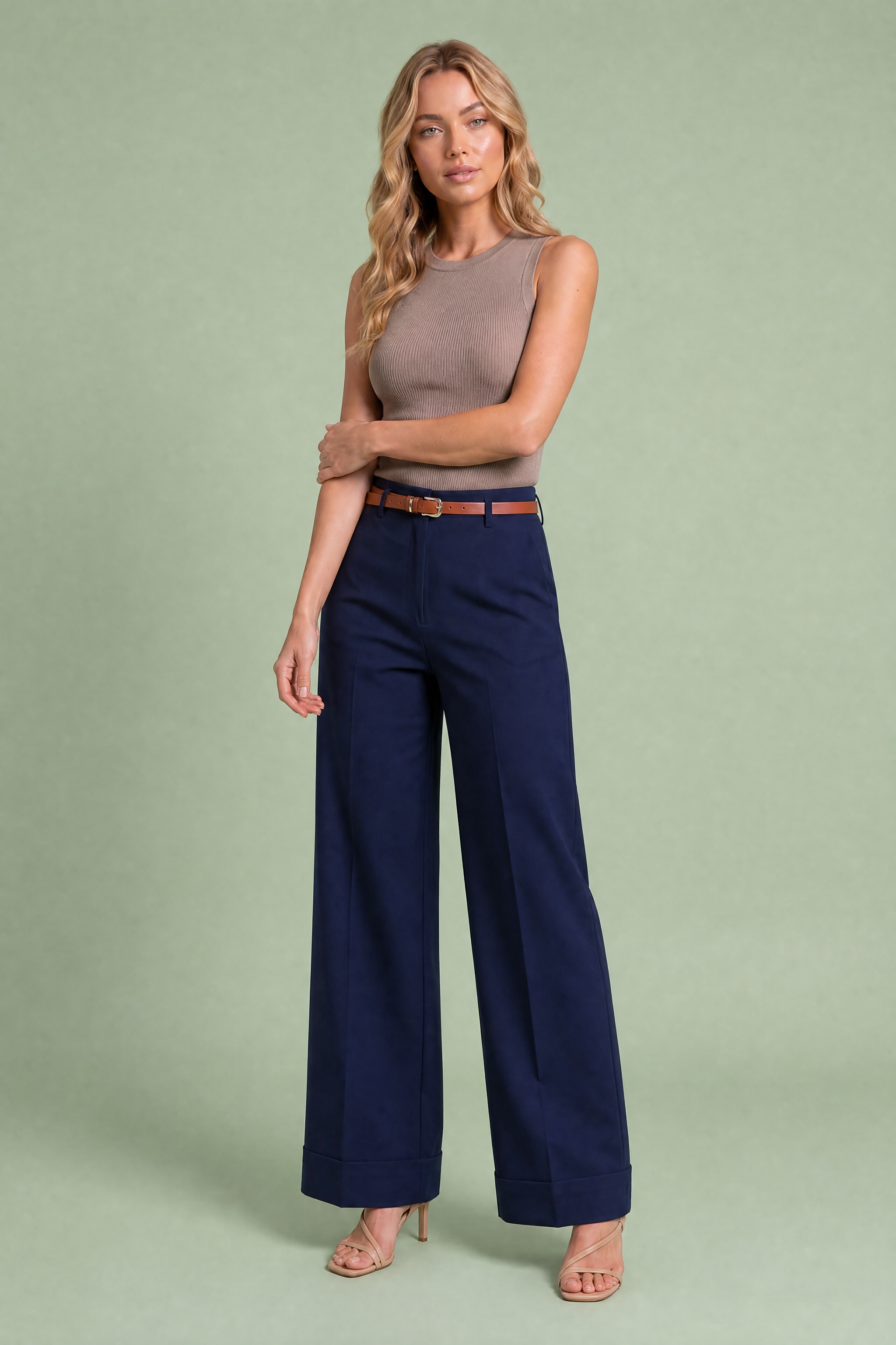 Pantalon large ceinturé taille mi-haute | Variante Bleu marine | Lounelle Paris