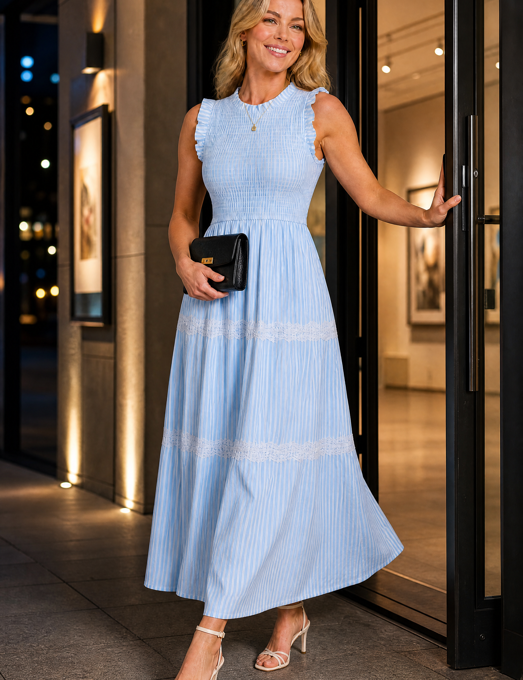 Robe longue rayée smockée | Variante Bleu - Lifestyle | Lounelle Paris