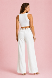 Pantalon large blanc ceinture dentelle | Vue de dos | Lounelle Paris