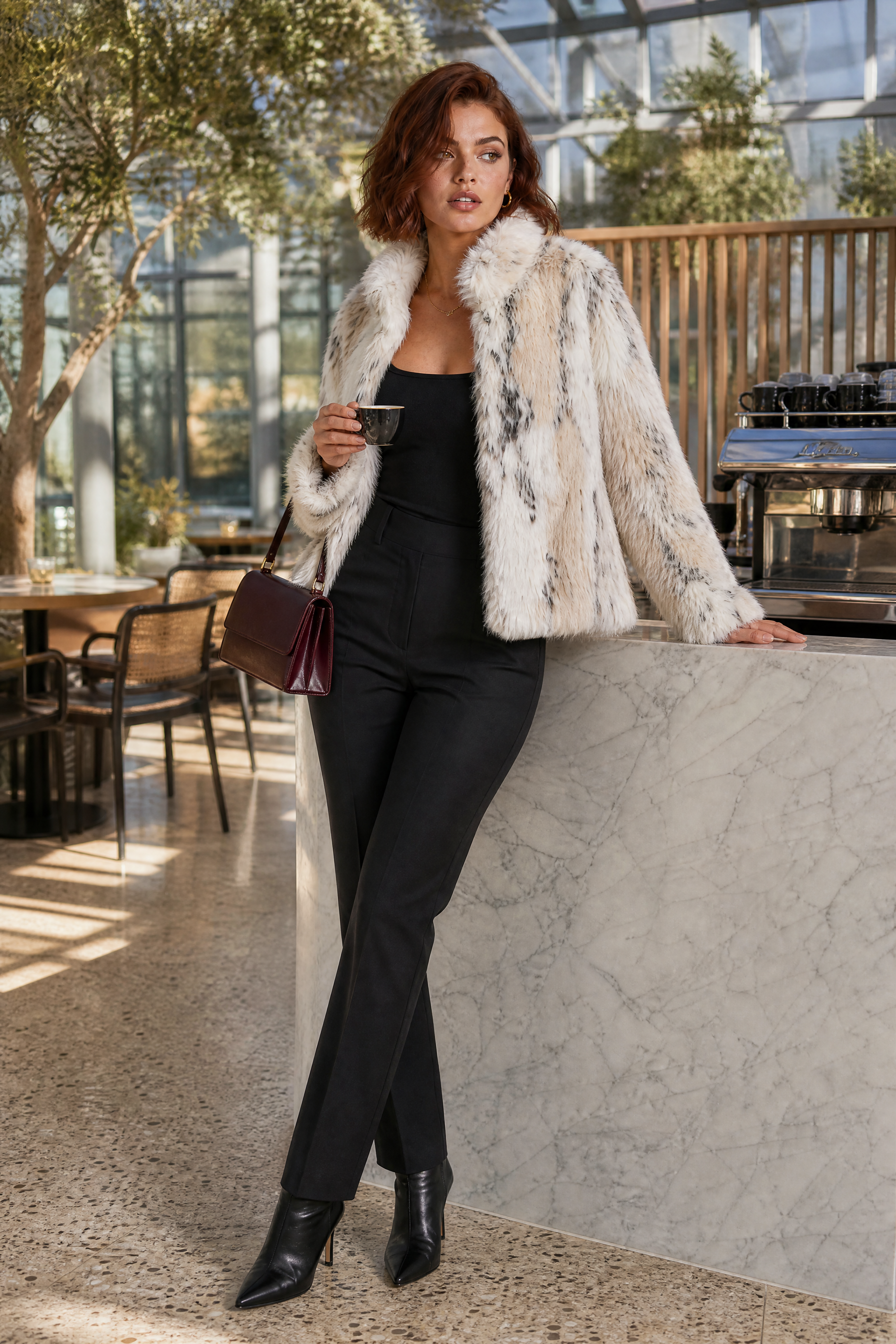 Veste fausse fourrure écru mouchetée | Photo lifestyle | Lounelle Paris