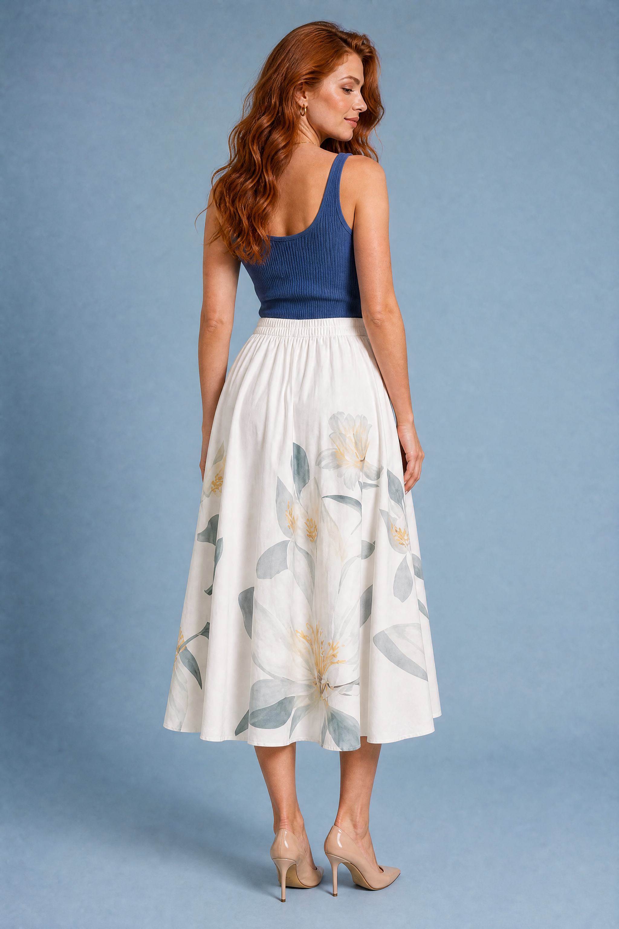 Jupe midi beige fleurie taille haute | Vue de dos | Lounelle Paris