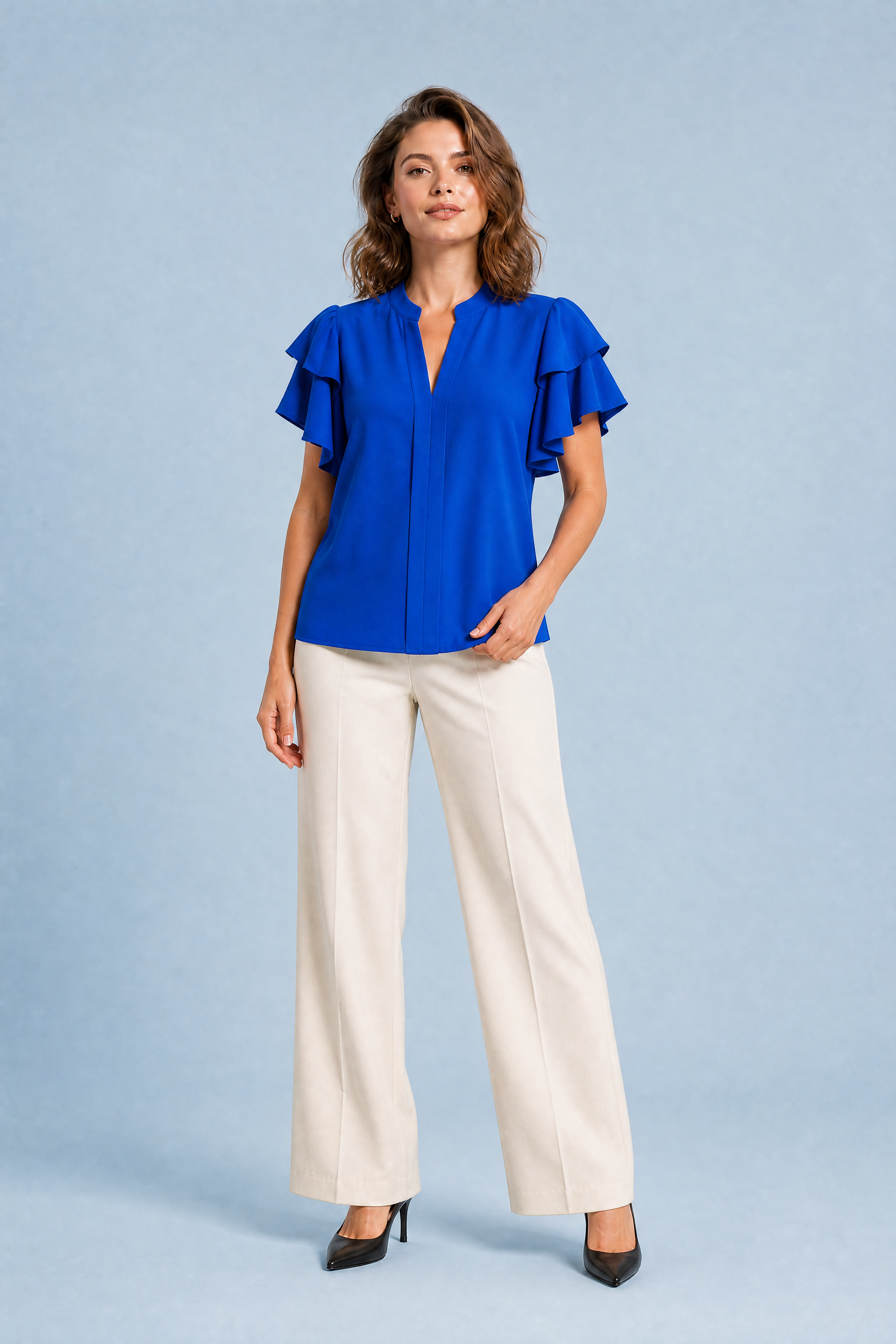 Blouse col V manches volantées | Variante Bleu | Lounelle Paris